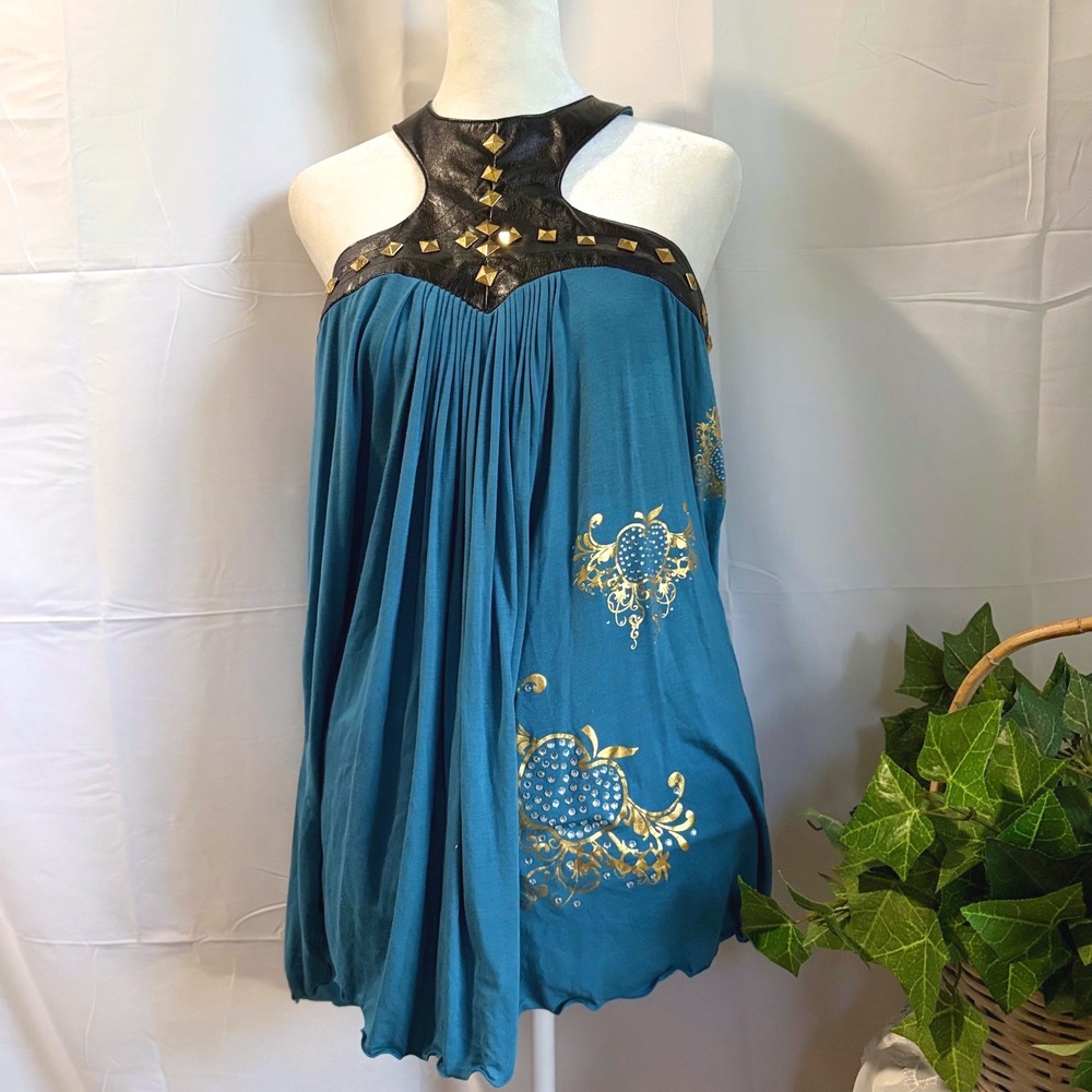 RARE Y2K Apple Bottoms Teal Blue Halter Top Studded Faux Leather Rhinestone